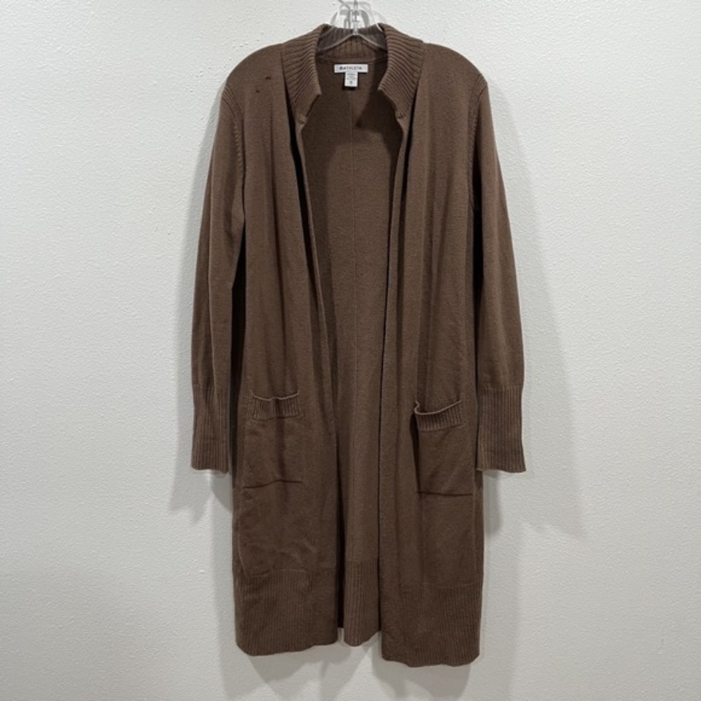 Athleta Duster Cardigan Sweater Brown Merino Wool Cashmere Open Front Long Drape
